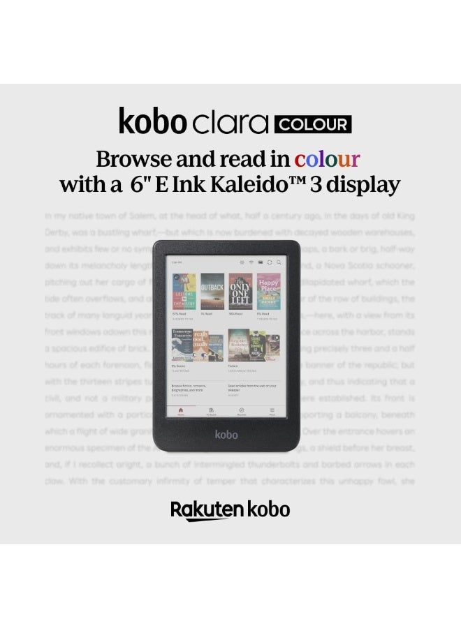كوبو قارئ الكتب الإلكترونية Kobo Clara Colour | شاشة E Ink ملونة مقاس 6 بوصات خالية من الوهج | وضع داكن | مقاوم للماء | يدعم الكتب الصوتية | سعة تخزين 16 جيجابايت | أسود - Image 2